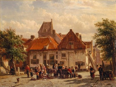 Uitzicht op de Vismarkt, Harderwijck door Cornelius Springer