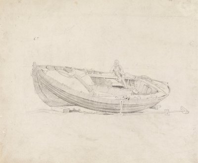 Studie van afgemeerde boot met zittend figuur door Cornelius Varley