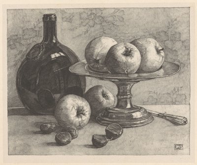 Stilleven met een fles, een schaal, appels, kastanjes en een mes door Corrie Pabst