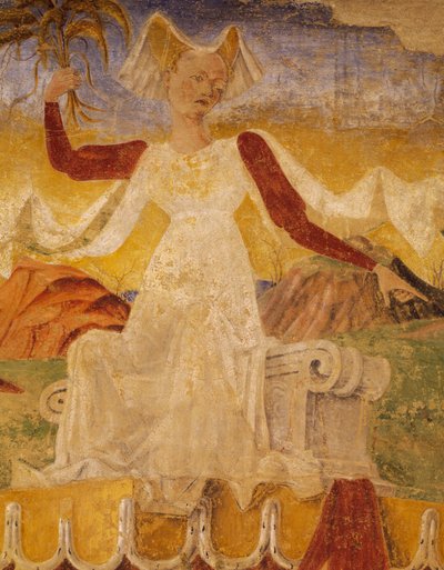 Ceres met korenaren in haar handen, detail van Triomf van Ceres, scène uit Maand Augustus, ca 1470, toegeschreven aan Cosimo Tura, en Meester van Ercole, fresco, noordmuur, Hal van de Maanden, Palazzo Schifanoia, Ferrara, Emilia-Romagna, Italië door Cosimo (attr. to) Tura