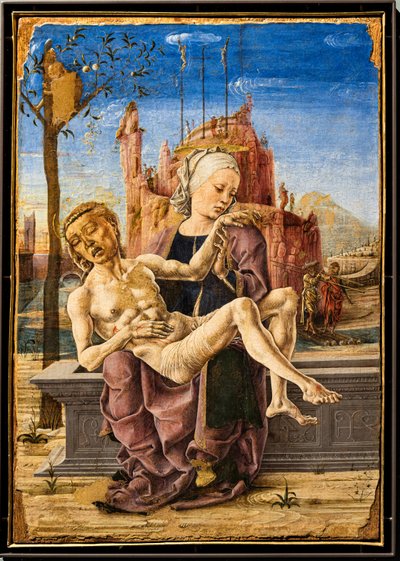 Rouw, c.1460. In het linkerbovenste deel van het schilderij is een aap te zien die zich vastklampt aan de takken van een appelboom. Het is een verwijzing naar de boom van Goed en Kwaad en naar de verleiding van de Duivel in het aardse Paradijs. door Cosimo Tura