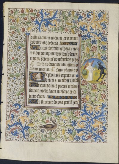 Blad uit een getijdenboek: Engel die een duivel achtervolgt recto, ca. 1460 door Coëtivy Master