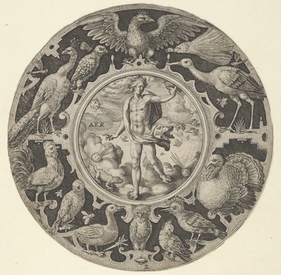 Aer in een decoratieve rand met vogels, uit een serie cirkelvormige ontwerpen met de F... door Crispijn de Passe I