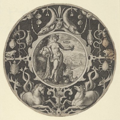 Aqua in een decoratieve rand met zeedieren, uit een serie cirkelvormige ontwerpen, 1590-1612 door Crispijn de Passe I
