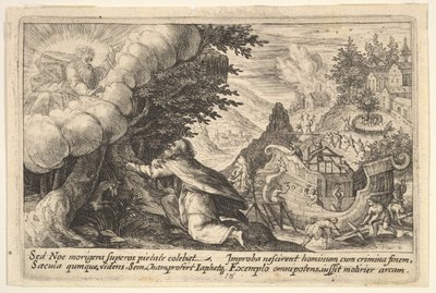 Noach knielt voor God links, de bouw van de ark is verderop bezig, uit een serie, 1612 door Crispijn de Passe I