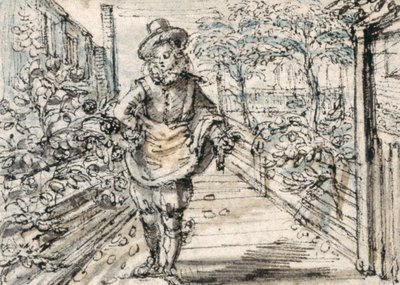 Een modieus geklede jongeman wandelt in een rozentuin in de stad door Crispin I de Passe