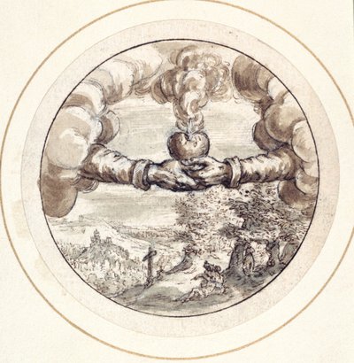 Handen die een brandend hart en keizerskroon vasthouden met uitzicht op Circus Maximus door Crispin I de Passe
