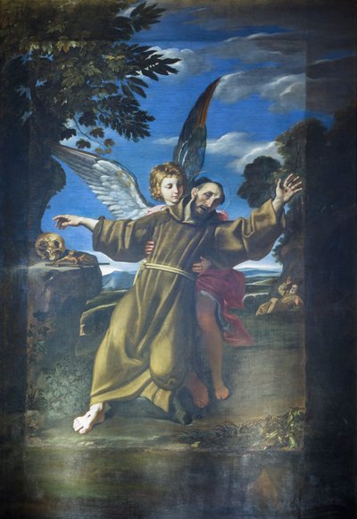 Sint Franciscus wordt ondersteund door een engel terwijl hij in extase is door Crispin of Viterbo