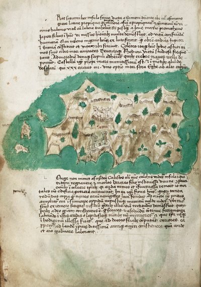 Symi, cartografische opmeting van het Griekse eiland, met handgeschreven aantekeningen op perkament door Cristoforo Buondelmonti