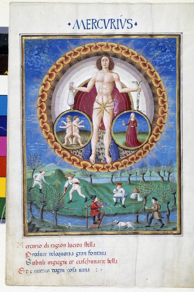 Mercurius met sterrenbeelden van de Maagd en de Tweelingen. Beneden, boeren die op het land werken. Miniatuur gemaakt door Cristoforo de Predis (ca. 1440-ca. 1486) - in 