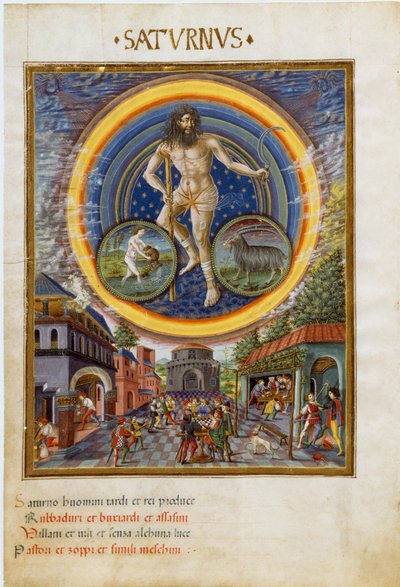 Saturnus met de sterrenbeelden Waterman en Steenbok. De spelscènes en hun invloed op mensen. (miniatuur, ca. 1470) door Cristoforo De Predis