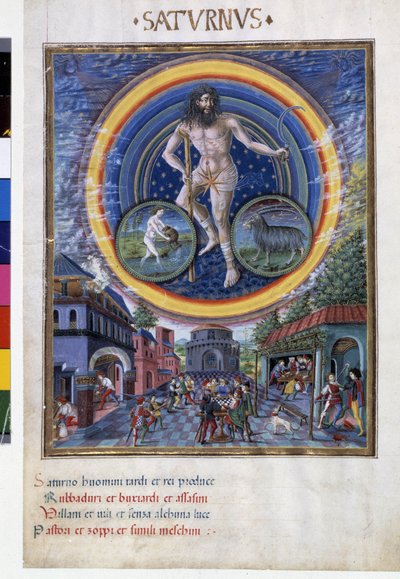 Saturnus met sterrenbeelden van waterman en steenbok. Beneden, de spelscènes en de invloed ervan op mensen. Miniatuur gemaakt door Cristoforo de Predis (ca. 1440-ca. 1486) - in 