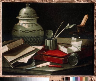 Stilleven met schrijfgerei door Cristoforo Munari