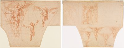 Drie studies van engelen voor een pendentief (recto); Studies voor Christus die zijn moeder ontmoet op de weg naar Calvarie, studies van een engel in een pendentief (verso) door Cristoforo Roncalli