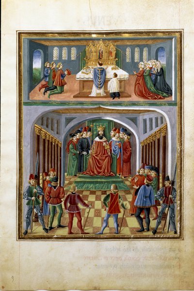 Invloed van de zon: tijdelijke machten (koning voor zijn hovelingen) en geestelijke machten (priester dienend in een kerk). (miniatuur, ca. 1470) door Cristoforo De Predis