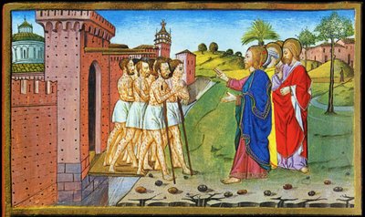 Jezus en de melaatsen. Miniatuur van Cristoforo door Predis - in Historia del nuovo testamento door Cristoforo De Predis