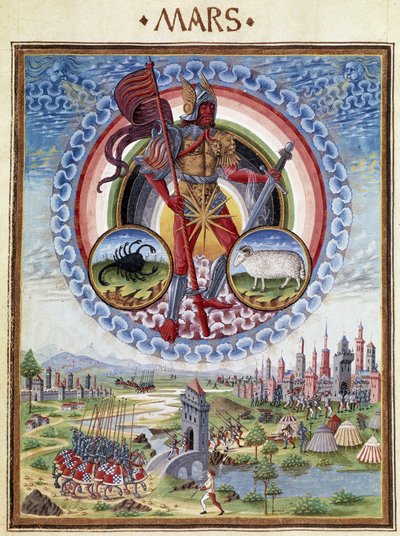 Mars met de sterrenbeelden schorpioen en ram. Beneden, de gevechtsscènes. Miniatuur gemaakt door Cristoforo de Predis (ca. 1440-ca. 1486) - in 