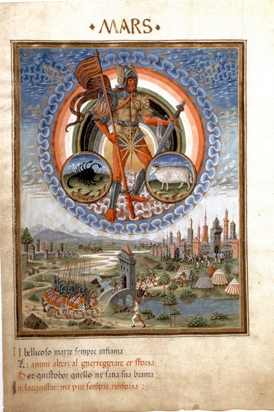 Mars met de sterrenbeelden Schorpioen en Ram. De veldslagen. (miniatuur, ca. 1470) door Cristoforo De Predis