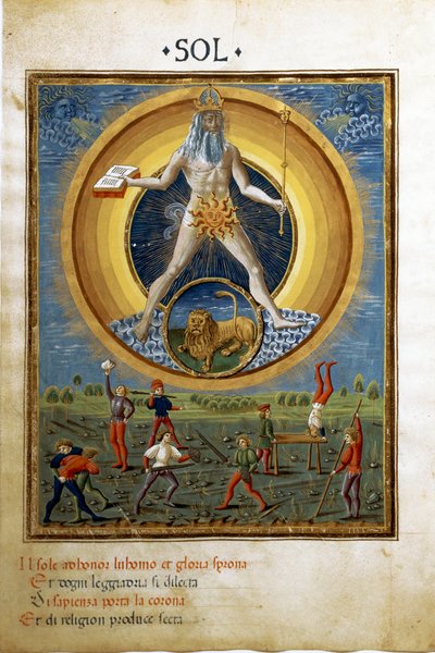 Zon met het sterrenbeeld van de leeuw. Scènes van fysieke oefeningen van mannen. (miniatuur, ca. 1470) door Cristoforo De Predis