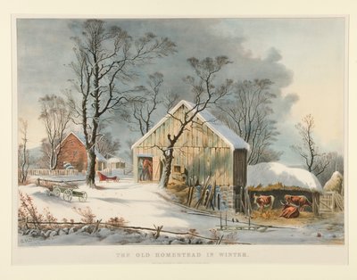 Het oude landhuis in de winter door Currier and Ives