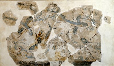 Cycladische kunst: fragment van een fresco met vliegende vissen (zeezwaluwen). van de site van Phylakopi (eiland Melos) 2500 v.Chr. Dim. 23 cm Athene, nationaal archeologisch museum door Cycladic