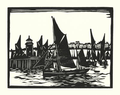 Vissersboten en Aken: Ramsgate Trawlers (houtsnede) door Cyril A. Wilkinson