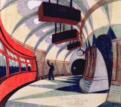 De metrotrein, ca. 1932 (linosnede) door Cyril Edward Power