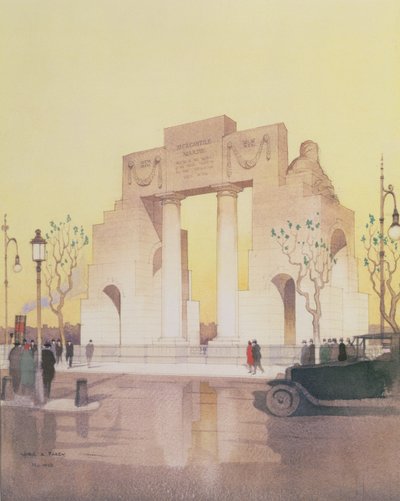 Het Mercantile Marine Monument, gebouwd door Edwin Landseer Lutyens (1869-1944) (aquarel op papier) door Cyril Farey