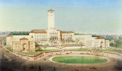 Voorgesteld plan voor het Newport Civic Centre (aquarel op papier) door Cyril and Howitt Cecil (fl.1920) Farey