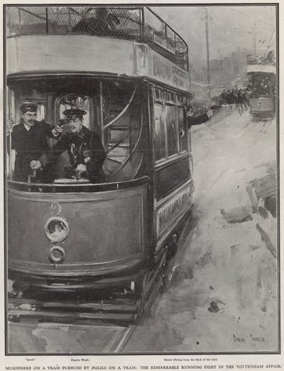 Moordenaars op een tram achtervolgd door politie op een tram door Cyrus Cuneo