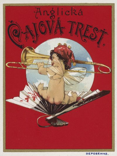 Productetiket met afbeelding van een cherub die trombone speelt door Czech School