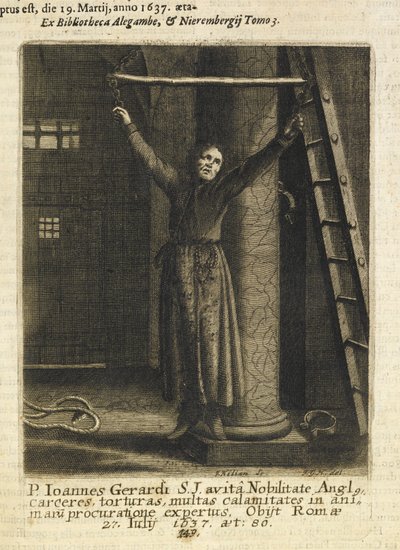 John Gerard, een Engelse Jezuïetenpriester, opgehangen aan kettingen aan de kerkerwand in de Tower of London door Czech School