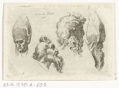 Studieblad met vier hoofden, waarvan twee met een mijter door D. van den Bosch