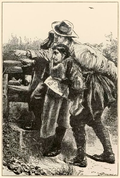 Evangelist wijst de weg uit De Pelgrimsreis Van Deze Wereld, Naar Die Welke Komt door John Bunyan (1628-1688) illustratie door Thomas Dalziel (1823-1906) door Dalziel Brothers