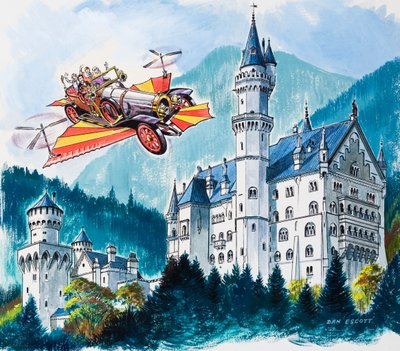 Chitty Chitty Bang Bang passeert Neushwanstein in de Beierse Alpen door Dan Escott