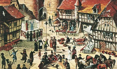 Middeleeuwse kermis (kleurenlitho) door Dan Escott