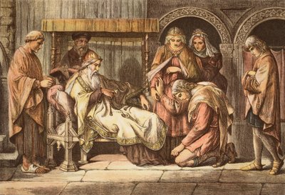Harold, terugkerend uit Normandië, presenteert zich aan Edward de Belijder, gegraveerd door JD Cooper door Daniel Maclise