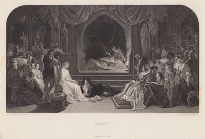 De toneelscène in Hamlet (gravure) door Daniel (after) Maclise