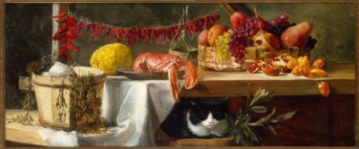 Stilleven met Peperoni, Vruchten, een Kreeft en een Kat door Daniel Hock