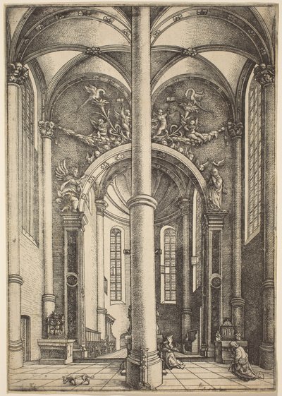 Interieur van de kerk van Sint-Katharina met parabel van de Farizeeër en de tollenaar door Daniel Hopfer