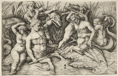 Twee Tritons vechten - Slag van de Zeegoden (detail) door Daniel Hopfer