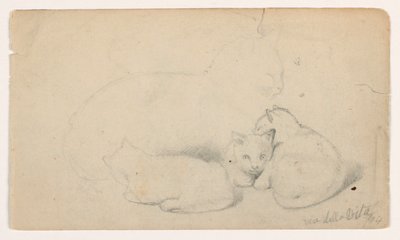 Tekening, Kat en drie kittens; Verso: Arabische man zittend ontvangt een man, mogelijk naar David Roberts, 1844 door Daniel Huntington