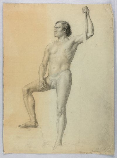 Tekening, Mannelijk naakt met een voet op een trede, 1858 door Daniel Huntington