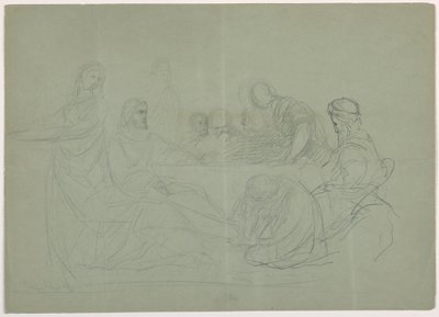 Tekening, Maria wast de voeten van Christus, verschillende mannen zitten aan een tafel; Verso: aantekeningen, 1852 door Daniel Huntington