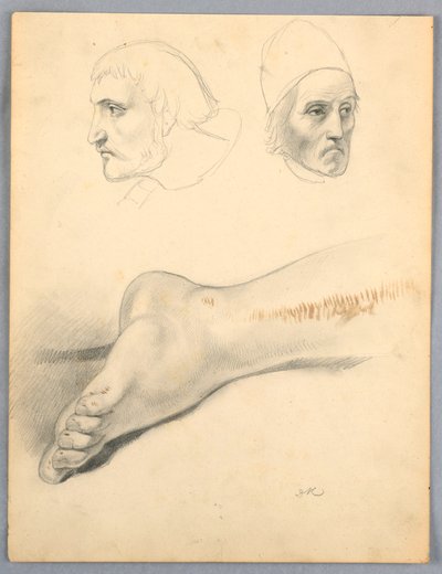 Tekening, Rechtervoet en twee hoofden S, 1852 door Daniel Huntington