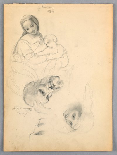 Madonna en Kind, Schetsen naar Leonardo Da Vinci en Fra Bartolomeo van Werken in de Uffizi, Florence door Daniel Huntington