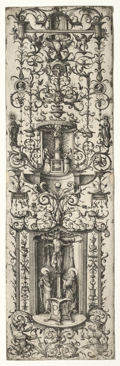 Ornamentale filet met de kruisiging en de maagd en het kind door Daniel I Hopfer