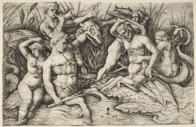 Twee Tritons vechten - Slag van de Zeegoden (rechter gedeelte) door Daniel I Hopfer