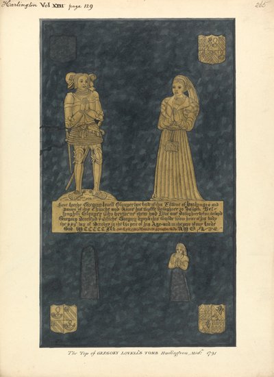 Koperen plaat voor Gregory Lovell en zijn vrouw Anne, dochter van David Bellingham, Harlington Church door Daniel Lysons