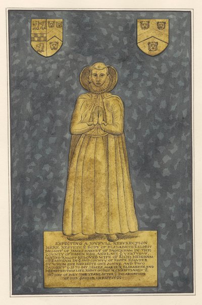 Koperen plaat voor Elizabeth Harvey van East Ham Church door Daniel Lysons